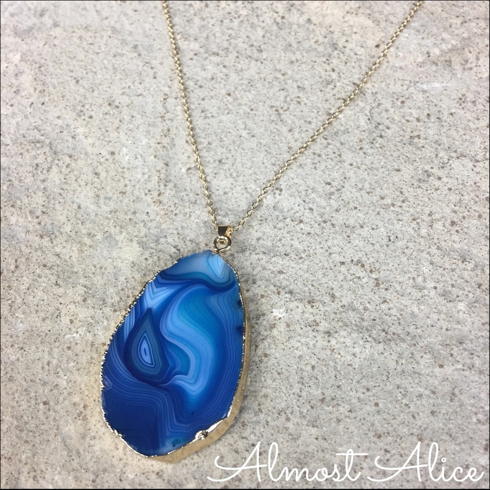 Gold Plated Blue Agate Slice Necklace